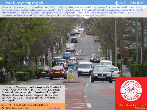 View of Sutton Common Road. The question is posed: what's the best way to provide protected space for cycling here?