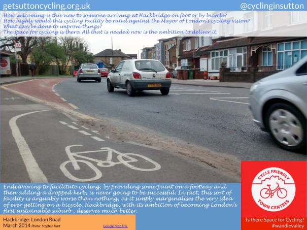 A photo of London Road, Hackbridge. How highly would this cycling facility  be rated against the Mayor of London's cycling vision?