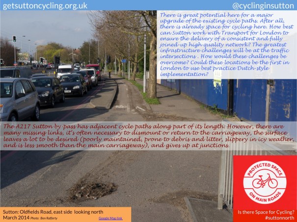 A view of the existing cycle path on Oldfield Road. The question is posed: how would challenges at the traffic intersections be overcome?