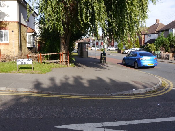 Green Wrythe Lane at intersection with Muschamp Road