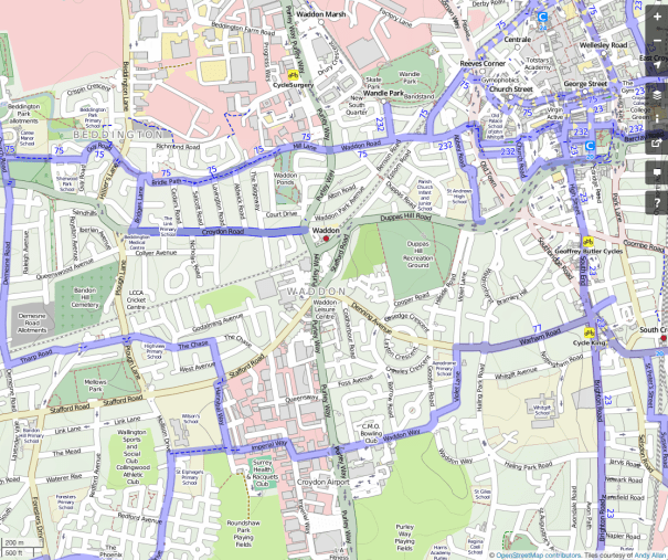 Open Street Map, cycling layer, centred on Waddon
