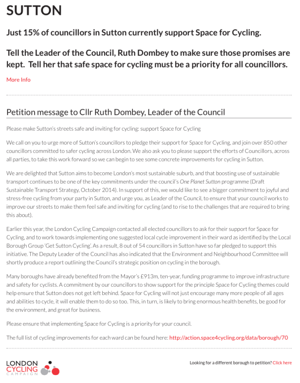 Sutton's Space for Cycling petition