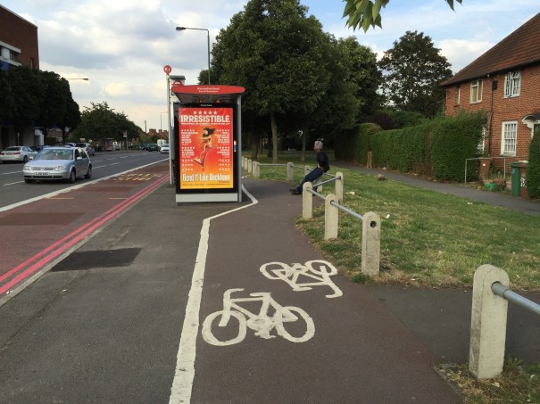 Bishops ford Road, east side, looking north. Who said bus-stop bypasses were new? Just not fit for purpose. (7 August 2015)