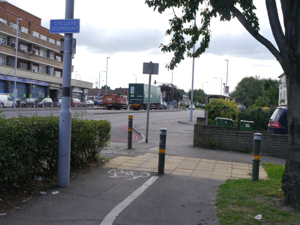 St Helier Avenue, west side., looking south towards Rosehill roundabout. Will this always be the end of the road? When the going gets tough, dismount. Photo: Charles Martin, 22 August 2014