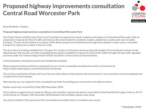 SuttonCycleForumFebruary2019_CentralRoad_WorcesterPark_HighwayImprovements_Letter