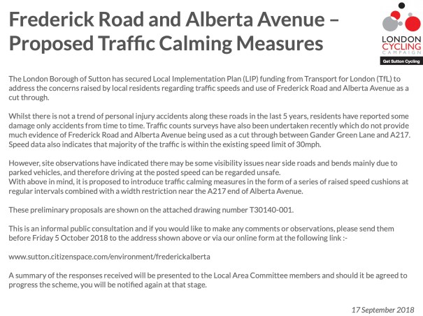 SuttonCycleFroumFebruary2019_FrederickAvenue_TrafficCalming_Text