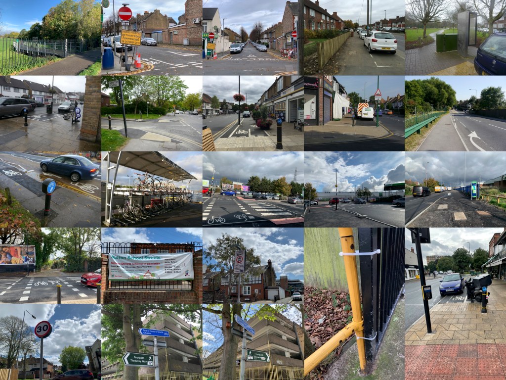 Twenty-three images, starting from top left: (1) Reigate Avenue / Reigate Avenue Recreation Ground, 27 October 2022; (2) Tharp Road / Demesne Road, 12 November 2019; (3) Tharp Road / Demesne Road, 12 November 2019; (4) Green Wrythe Lane, 24 October 2015; (5) Green Wrythe Lane / William Street / Wrythe Green, 29 January 2017; (6) Green Wrythe Lane, 29 January 2017; (7) Green Wrythe Lane / Sawtry Close, 24 April 2017; (8) Green Wrythe Lane, 15 August 2018; (9) Green Wrythe Lane, 13 September 2016; (10) London Road (Hackbridge), 23 July 2014; (11) Hackbridge Road, 21 November 2016; (12) Hackbridge Station, 21 November 2016; (13) Marlowe Way (Beddington Lane), 13 October 2022; (14) Marlowe Way (Beddington Lane), 13 October 2022; (15) Beddington Lane, 13 October 2022; (16) Beddington Lane (Derry Road), 13 October 2022; (17) Thorncroft Road (Robin Hood Junior School), 25 April 2023; (18) Thorncroft Road / Greenford Road, 25 April 2023; (19) Overton Park (Moore Way), 23 November 2021; (20) Green Wrythe Lane, 24 August 2021; (21) Western Road / Cheam Road, 25 April 2023; (22) Lenham Road / Manor Lane, 14 June 2016; (23) Lenham Road / Manor Lane, 25 April 2023